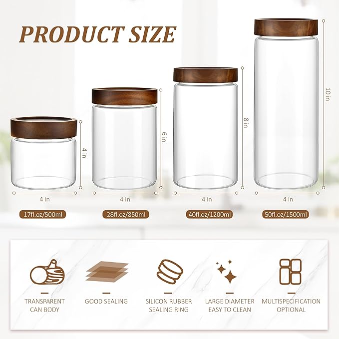 3 Pack 28 oz/850 ml Clear Glass Storage Canister with Airtight Wooden Screw On Lid, Medium Decorative Glass Container Jar Set for Coffee, Candy, Cookie, Condiment, Pepper, Sugar, Oatmeal