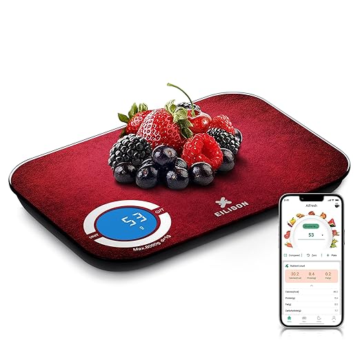 EILISON Smart Kitchen Scale with Bluetooth App, High-Precision Digital Food Scale for Baking, Cooking & Diet, 8000 Food Database, 24 Nutrients, Touchscreen, Tare Function, 5g-8000g Capacity (Red)