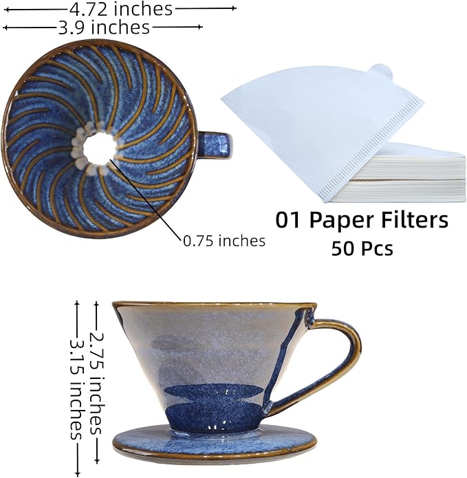 Ceramic Coffee Dripper includes 50 Filters 01 Pour Over Coffee Maker Porcelain V 60 Hand Brewed Set Pottery Artisanal Drip Brew Barista Gift for 1-2 People Travel Camping Office Home