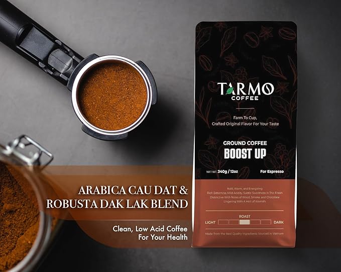 TARMO -BOOST UP | Low Acid ARABICA & ROBUSTA BLEND Ground Coffee | Specialty Vietnamese Coffee | Single Origin - Dark Roast | High Caffeine Coffee Ground | 12 Oz Bag