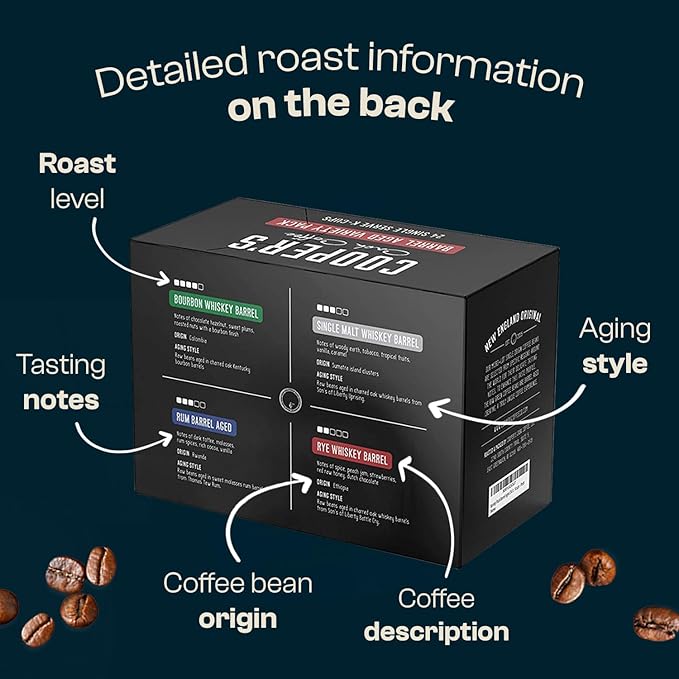 Cooper’s Cask Coffee Bourbon Barrel Aged Coffee Pods Variety Pack Set - Single Serve Cups, Bourbon, Rye Whiskey, Malt Whiskey, Rum Flavors, 24ct