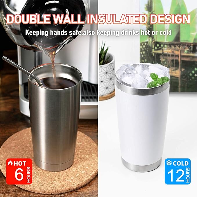 COMOOO 20oz Tumbler with Straw Stainless Steel Insulated Coffee Tumbler Cups Double Wall Vacuum Travel Coffee Mug with Splash Proof Sliding Lid for Hot Cold Drinks (Silver, 1 Pack)