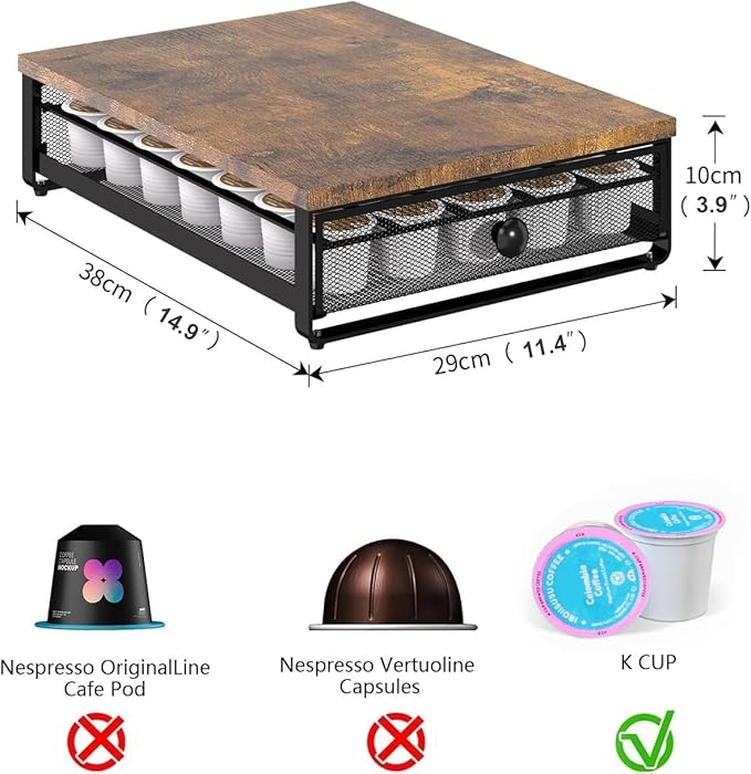 Coffee Pod Holder Counter Coffee Vertuo Capsules Storage Organizer with Sliding Drawer Compatible For 35 K-Cup Pods No Assembly Needed Rustic Brown