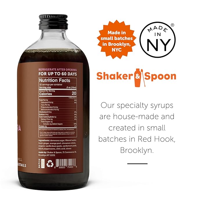 Shaker & Spoon Spiced Demerara Cocktail Syrup, 16oz Ginger, Cinnamon & Vanilla Flavored Syrups for Drinks, Coffee Syrup, Vegan Cocktail Mixers, Lattes, Teas, Mocktails, Non Alcoholic Drinks