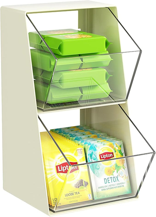 Acrylic Tea Bag & K Cup Organizer with 2 Transparent Drawers - Compact Multi-Use Storage for Coffee Pods, Sugar Packs - Kitchen & Office Counter Organizer - White