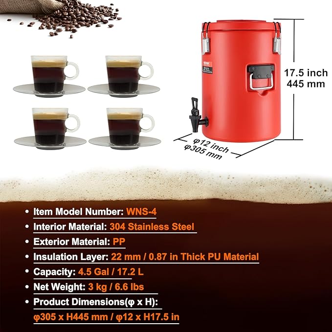 VEVOR Stainless Steel Insulated Beverage Dispenser, 4.5 Gallon 17.2 Liter, Thermal Hot and Cold Drink Server Dispenser with Spigot Handle, Food-grade for Hot Tea Coffee Water Restaurant Drink Shop