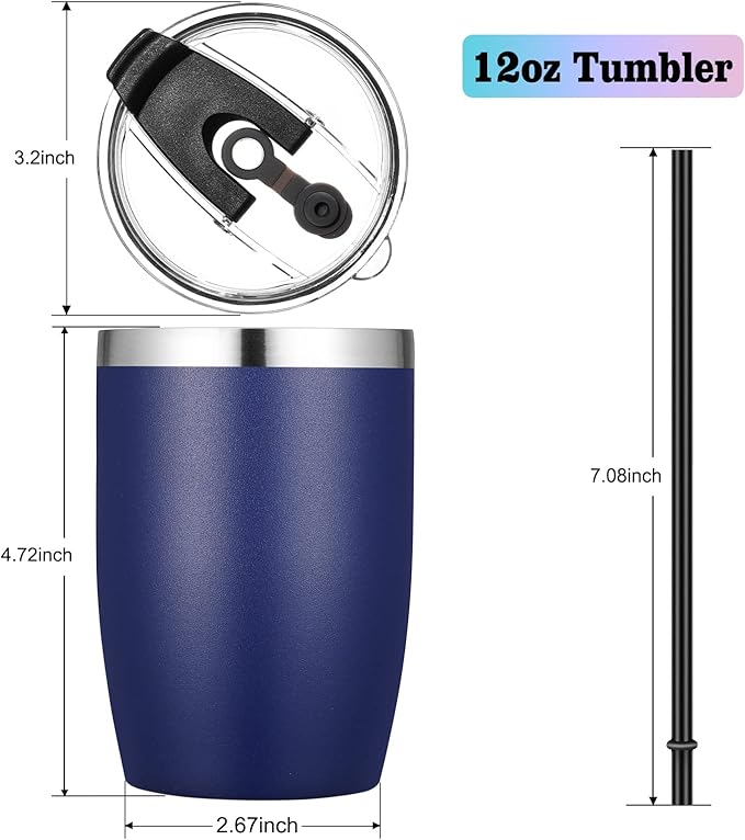 VEGOND Stainless Steel 12 oz Tumblers bulk Vacuum Insulated Double Wall Travel Tumbler with Lid and Straw Reusable Tumbler, Navy Blue 1 Pack