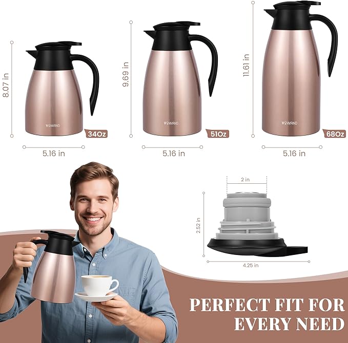 34 Oz Thermal Coffee Carafe, Stainless Steel Insulated Vacuum coffee crafts to keep coffee hot, 1 Liter Tea Water Coffee and Beverage Dispenser (Copper)
