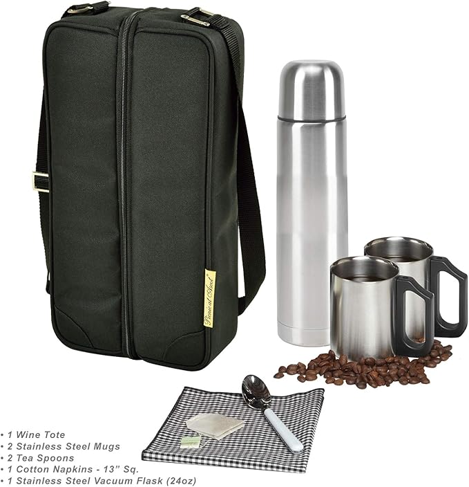 Picnic at Ascot Travel Coffee Tote for 2 - Including Stainless Vacuum Flask, Cups and Teaspoons - Designed & Assembled in the USA