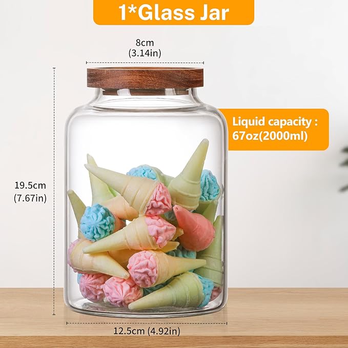 Glass Storage Jar with Lids Thicken Glass Coffee Canister Borosilicate Glass Food Containers for Spice Ground Nut Pasta Sugar Candy Tea (2000ml/67 oz-1 PACK（No spoons）)