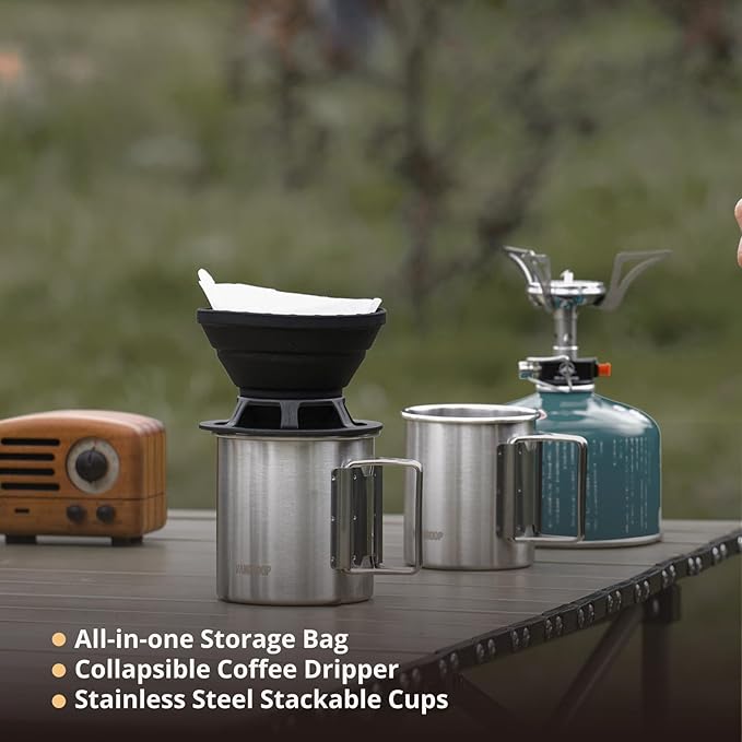 Portable Pour Over Coffee Maker Set, Collapsible Silicone Coffee Dripper Set, Perfect for Travel, Camping, Home (SILVER CUP 2CUP)