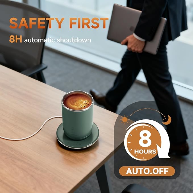 Smart Heated Coffee Mug with Temperature Control, Magnetic Auto Stirring & 3 Heat Levels, Type-C USB Rechargeable Stainless Steel Mug, 8-Hour Shut-Off, Perfect for Desk, Home, Office,Tea – Green 11oz