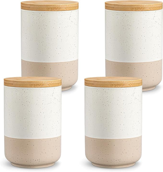vancasso Sabine Ceramic Canister Set with Airtight Wood Lids - 4-Piece Small Kitchen Storage for Coffee, Sugar, Tea & Spices (18 oz Each) - Compact Countertop Jars