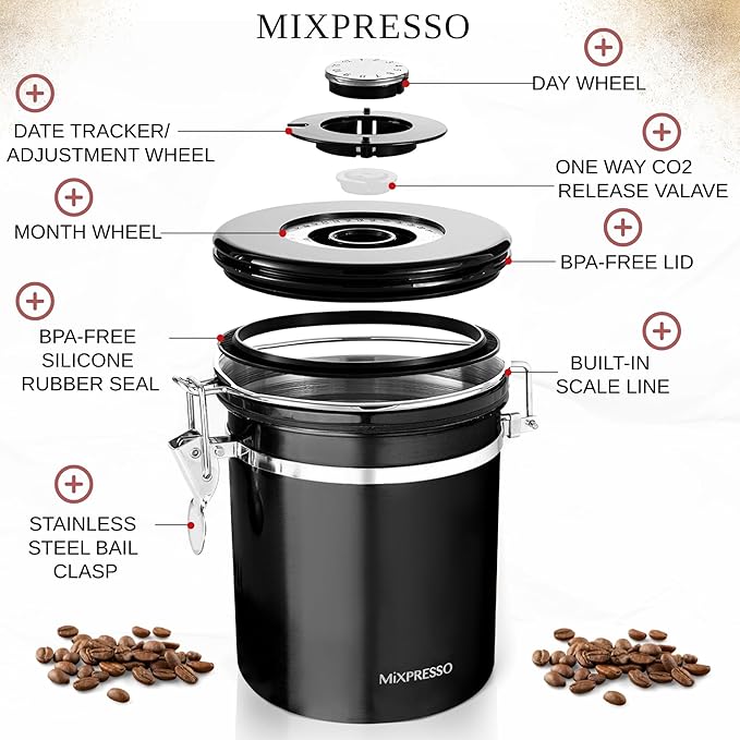 Mixpresso 16 Oz Black Coffee Canister, Stainless Steel Airtight Coffee Container, Air tight Jar Tea Storage with Date Tracker, Vacuum Sealed Espresso Airtight Canister, Sugar Container for Home