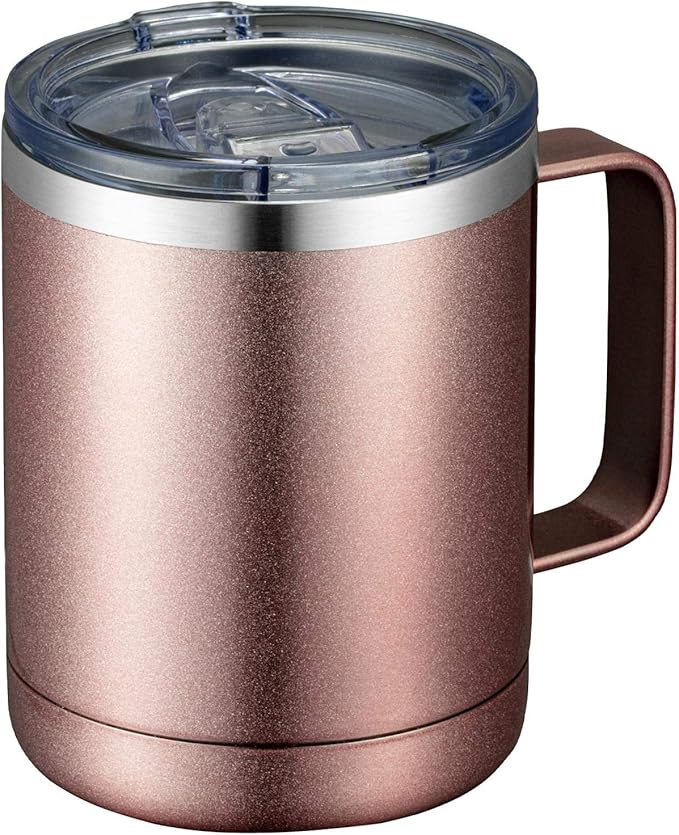 MEWAY 12oz Coffee Mug With Handle and Sliding Lid,Stainless Steel Travel Tumbler Cup with Handle,Double Wall Vacuum Insulated Camping Cup for Hot & Cold Drinks Tea (Rose Gold,Set of 1