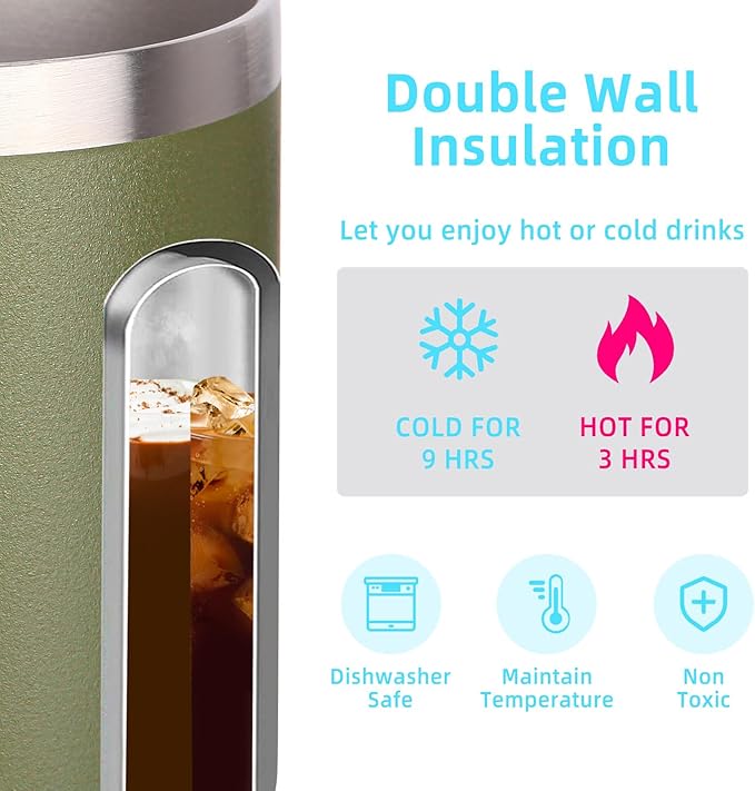 Volhoply 14oz Insulated Stainless Steel Coffee Mug with Lid Bulk 4 Pack,Double Wall Vacuum Travel Coffee Cup with Handle,Reusable Cups Tumbler,Camping Mugs Keep Hot,Ideal Gifts(Army Green,4)