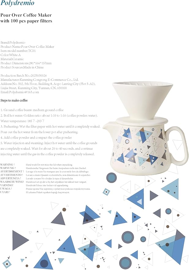 Pour Over Coffee Maker, Ceramic Coffee dripper with 100 pcs Size 02 Paper Filter, Ceramic coffee Server with Lid, 15.5oz/450 ml, Suitable for 1-2 people (White A)