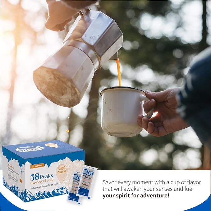 58Peaks Sugar-Free Caramel Syrup Sweetener Packets for Hot and Cold Drinks | To-Go Syrup Flavoring Perfect for Coffee, Tea, Milkshakes and More | Flavored Coffee Syrups for Travel | 15mL | 50-Pack