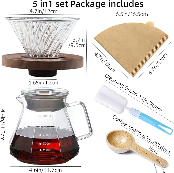 Pour Over Coffee Maker Set 20 oz, 600 ml Borosilicate Glass Coffee Server with Glass Lid, 50 pcs Paper Filter, Walnut Handle Pour Over Coffee Dripper for Home Café Restaurant, Clear