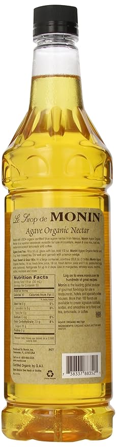 Monin - Organic Agave Syrup, Sweet and Full Flavor, Great for Any Beverage, Gluten-Free, Vegan, Non-GMO (1 Liter)