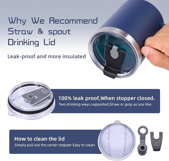 Volhoply 12oz Insulated Leakproof Coffee Mug with Flip & Straw Lid Bulk 8 Pack,Double Wall Vacuum Stainless Steel Travel Tumbler Cup with Handle,Reusable Camping Keep Cold/Hot(Navy,8 Set)