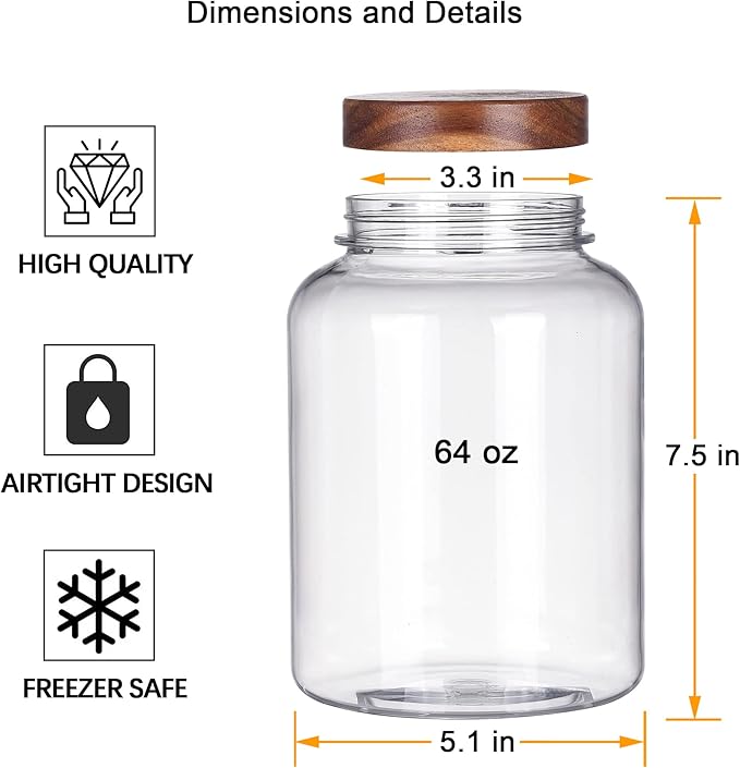 64 Fluid Ounces Unbreakable & Dishwasher Safe Plastic Apothecary Jar with Wooden Airtight Screw Top Lid, 0.5 Gallon Food Storage Canister for Sugar, Coffee, Cookie, Cereal, Flour Containers