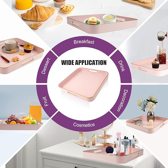 Gifturbo Pink Square Decorative Tray,Serving Tray with Handles with Gold Trimming Plastic Coffee Table Tray for Ottoman, Living Room, Home Decor,Bathroom with Gold Trimming, 13” x 13” x1.57”