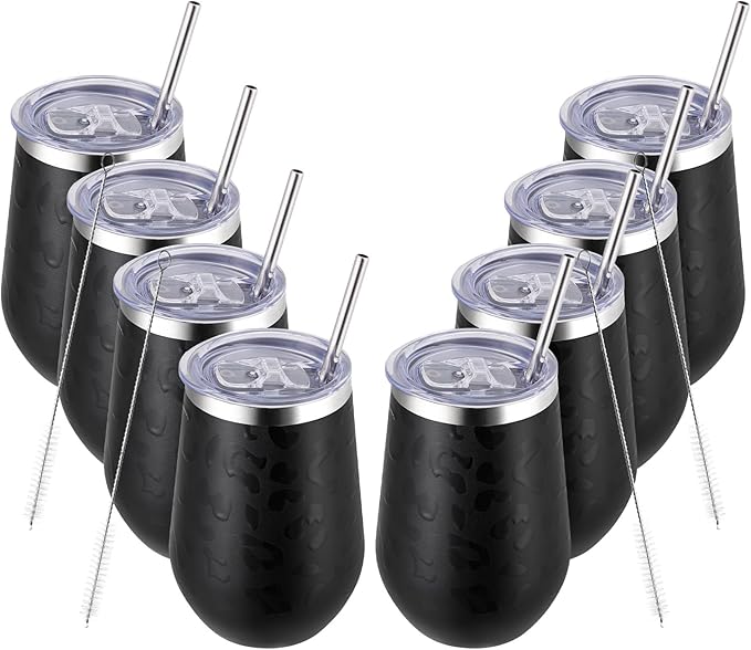 MEWAY 12oz Insulated Wine Tumbler Set of 8 - Double Wall Stainless Steel Stemless Wine cups Glasses with Lids, Gift for Family and Gifts, Prizes for adults(Black Leopard,Set of 8)