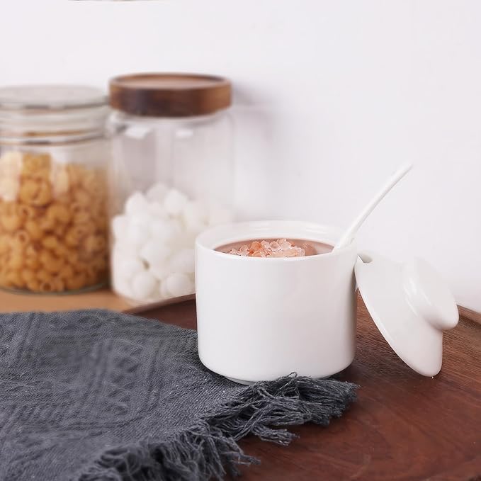 HAOTOP 8 oz Sugar Bowl with Lid and Spoon,Ceramic Sugar Jar Sugar Dispenser Sugar Container Coffee Bar Accessories, Kitchen Countertop Canisters (White)