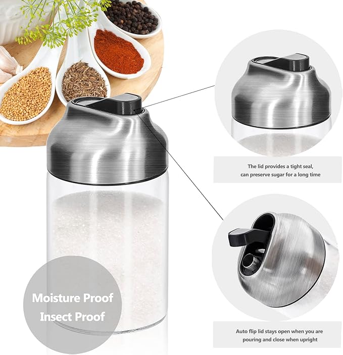 Aelga Glass Sugar Dispenser with Pour Spout, Weighted Pourer, for Coffee, Tea and Baking (2 Pack)