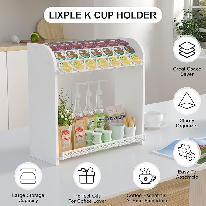 Coffee Pod Organizer for Countertop, Bamboo K Cup Holder, Easy Assembly Coffee Station Organizer for Home Office Coffee Bar, White