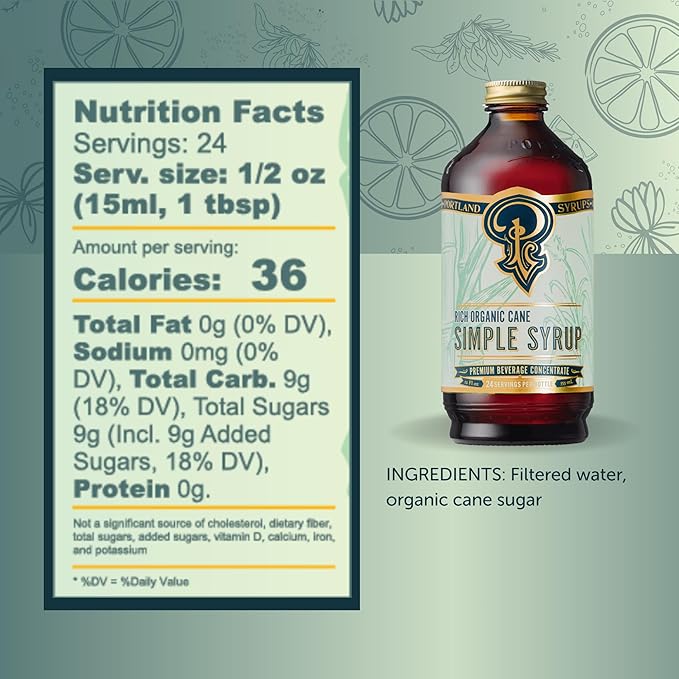Portland Syrups Organic Cane Simple Syrup - Drink Mix for Exceptional Cocktails, Sugar for Drinks, for Coffee, Mocktails, Baking, 12 oz, 24 Servings - Pack of 1