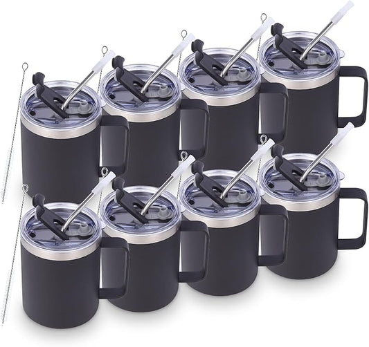 Volhoply 12oz Insulated Leakproof Coffee Mug with Flip & Straw Lid Bulk 8 Pack,Double Wall Vacuum Stainless Steel Travel Tumbler Cup with Handle,Reusable Camping Keep Cold/Hot(Black,8 Set)