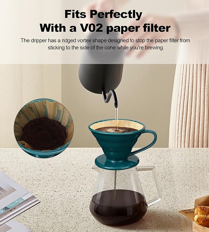 Pour Over Coffee Dripper - Ceramic Pour Over Coffee Maker Cone, Porcelain Coffee Drip, Pour Over Single Cup, Manual Brew Maker for Home, Cafe, Office - 1-4Cup, V60 Size 02 (Dark green)