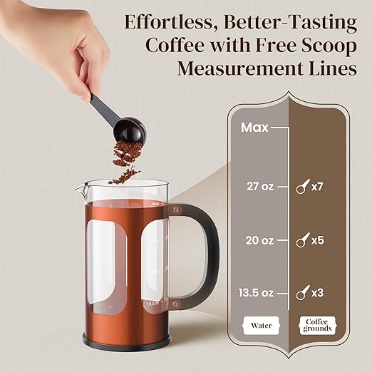 Veken French Press Coffee Maker 34oz 1 L, No Plastic Touching Cafe, Heat Resistant Thickened Borosilicate Glass, Stainless Steel Brewer, Cold Brew Cafetera Teapot for Kitchen Travel Camping, Copper