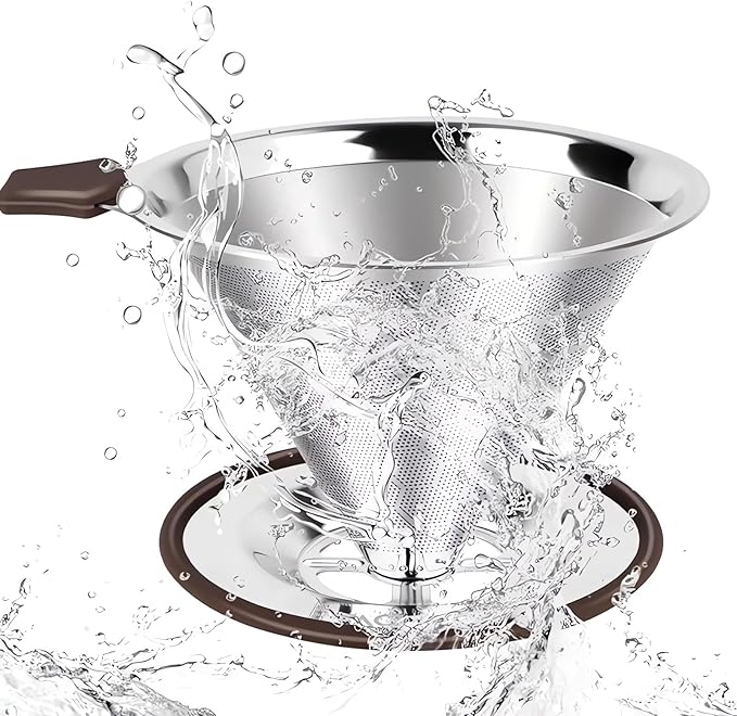 Pour Over Coffee Dripper,Stainless Steel Coffee Filter, Pour Over Maker Double Micro Mesh, Reusable Coffee Strainer (Silver)