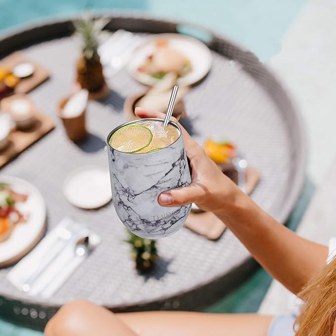 THILY Stainless Steel Stemless Wine Tumbler 4 Pack Vacuum Insulated Travel Wine Glasses Set with Sliding Lids and Straws, Keep Cold for Juice, Cocktails, Beer, Party, Christmas Gift, White Marble