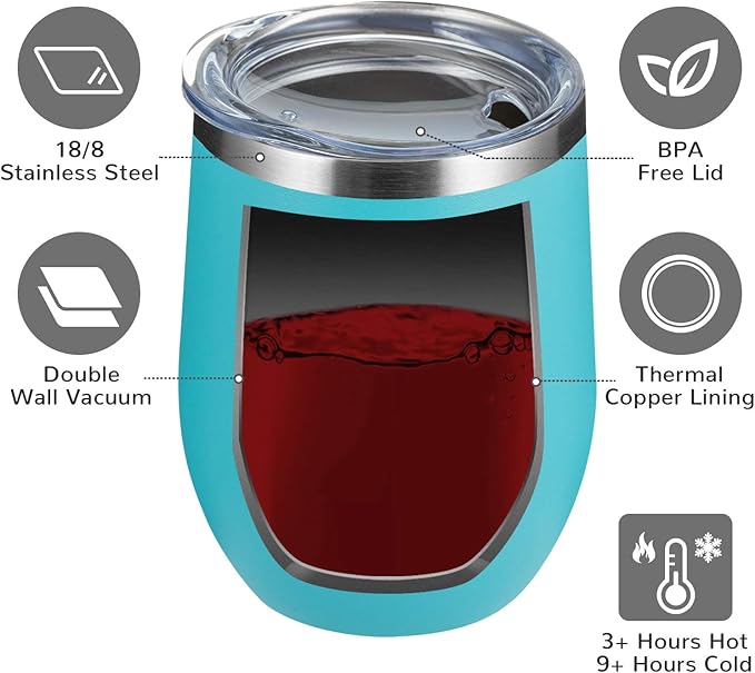 MEWAY 12oz/4 Pack Wine Tumbler Glasses with Lid - Stemless Double Wall Vacuum Stainless Steel Travel Tumbler - Keeping Cold & Hot for Wine,Coffee,Cocktails(Turquoise,Set of 4)