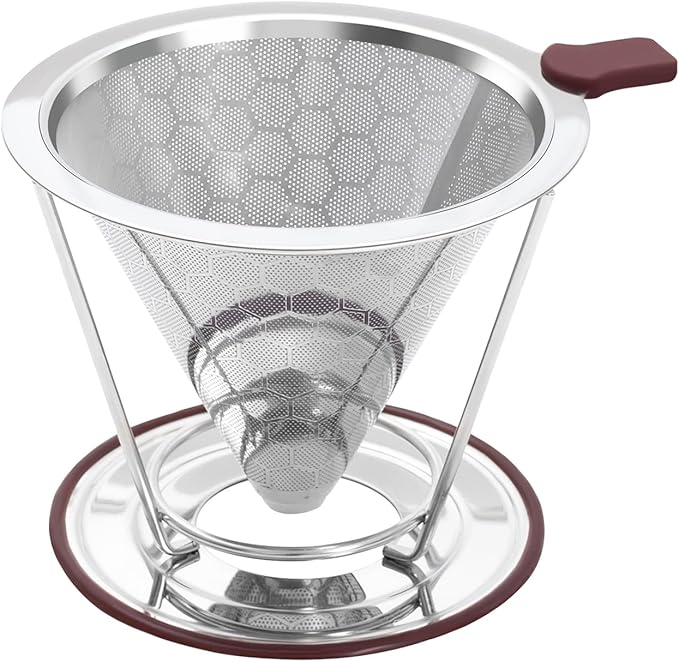 Pour Over Coffee Dripper Stainless Steel Coffee Filter Metal Cone Filter Paperless Reusable Single Cup Maker 1-2 Cup With Non-slip and Removable Cup Stand