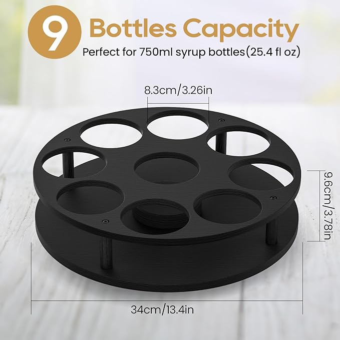 THYGIFTREE Large Rotating Coffee Syrup Organizer 9 Bottles Syrup Rack for Countertop Wood Syrup Bottle Holder Stand for Coffee Bar Station, Turntable Wine Display Tray, Black