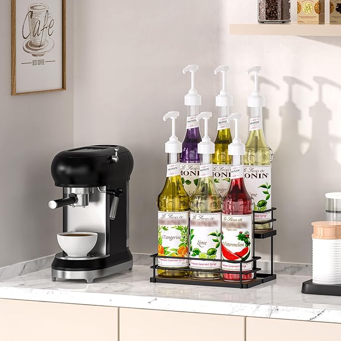 THYGIFTREE Coffee Syrup Rack Organizer 6 Bottle Syrup Holder Stand 2-Tier Storage Shelves for Kitchen Coffee Bar Station
