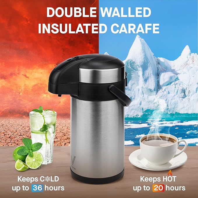 Airpot Coffee Dispenser with Pump - 140 oz Insulated Stainless Steel Coffee Carafe - Thermal Beverage Dispenser - Coffee Urn for Hot/Cold Water, Party Chocolate Drinks