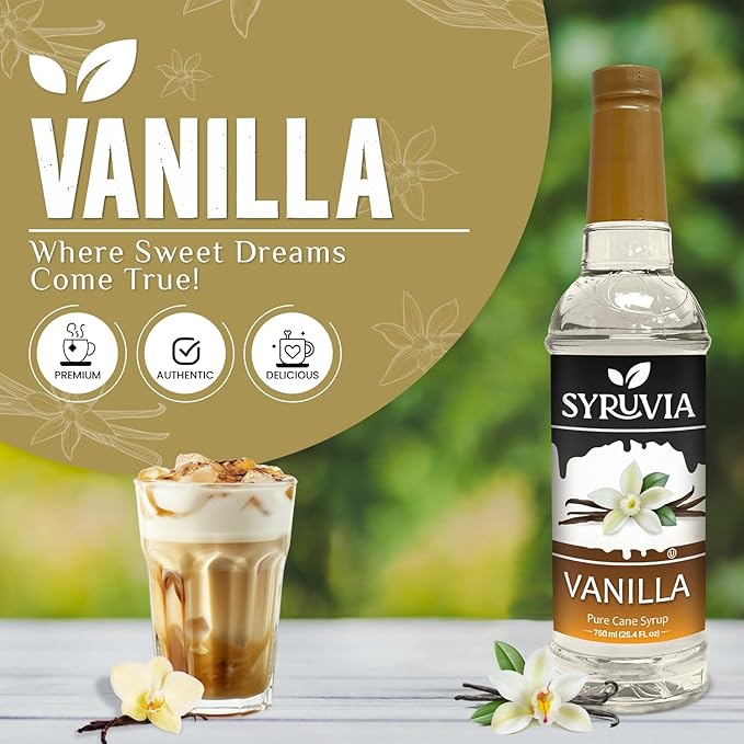 Syruvia Coffee Syrup, Vanilla Flavored Syrup for Drinks, Lattes, and Desserts – 25.4 fl oz, With Pump