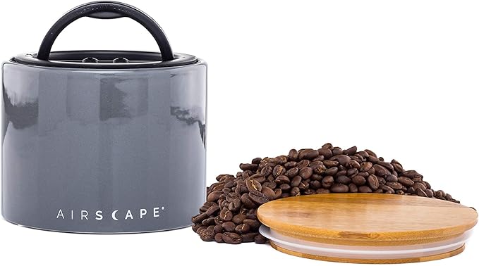 AirScape Planetary Design Ceramic Coffee and Food Storage Canister – Small 4-inch – US Patented Airtight Inner Lid – Gray with Bamboo Top