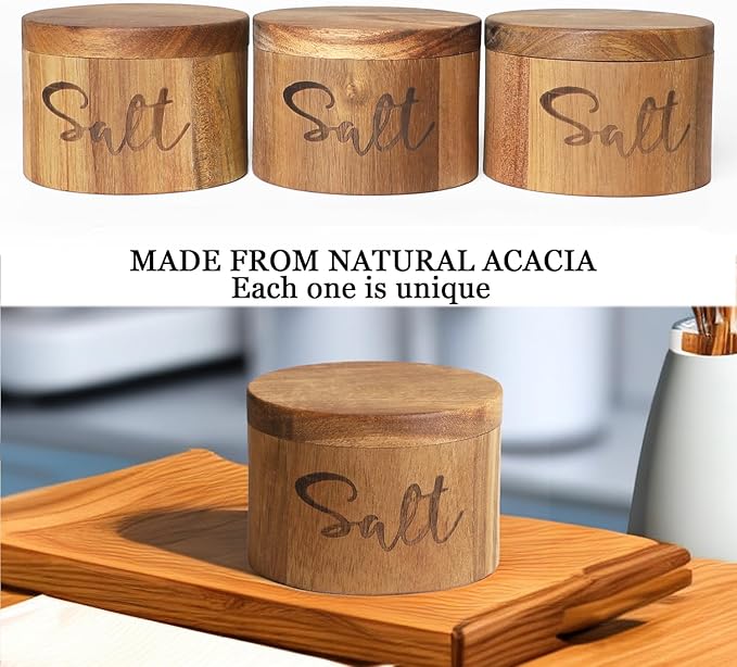 Acacia Wood Spice Boxs with Swivel Cover for Kitchen Countertop,Salt Keeper with Built-in Spoon,Modern Farmhouse Kitchen Decoror for Storing Seasonings (Labeled Salt)