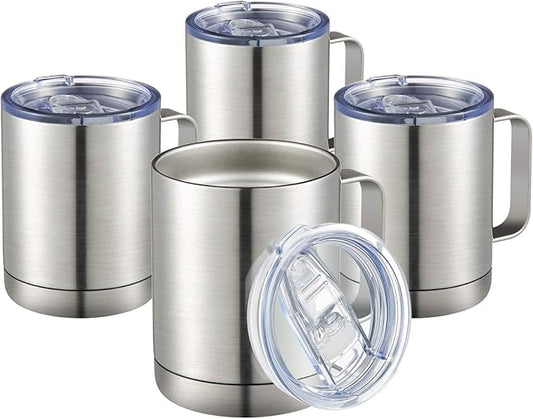 MEWAY 12oz Coffee Mug With Handle 4 Pack Bulk,Stainless Steel Insulated Travel Tumblers With Sliding Lid,Double Wall Vacuum Camping Cup for Hot & Cold Drinks Tea (Sliver,Set of 4)