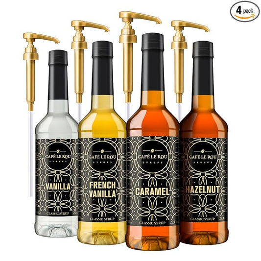 NEW Café Le Rou Variety 25.4oz Vanilla, French Vanilla, Caramel, Hazelnut (Variety, 4-pack) *Includes 4 Coffee Syrup Dispensers for Coffee, Tea and Espresso