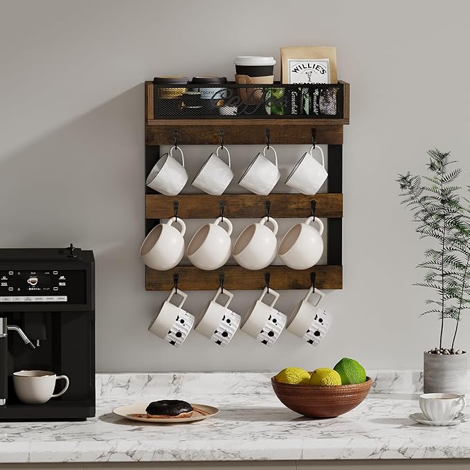 YINMIT Coffee Mug Holder with 12 Hooks, Coffee Cup Holder Wall Mounted with Top Shelf, Mug Organizer for Home Kitchen, Brown