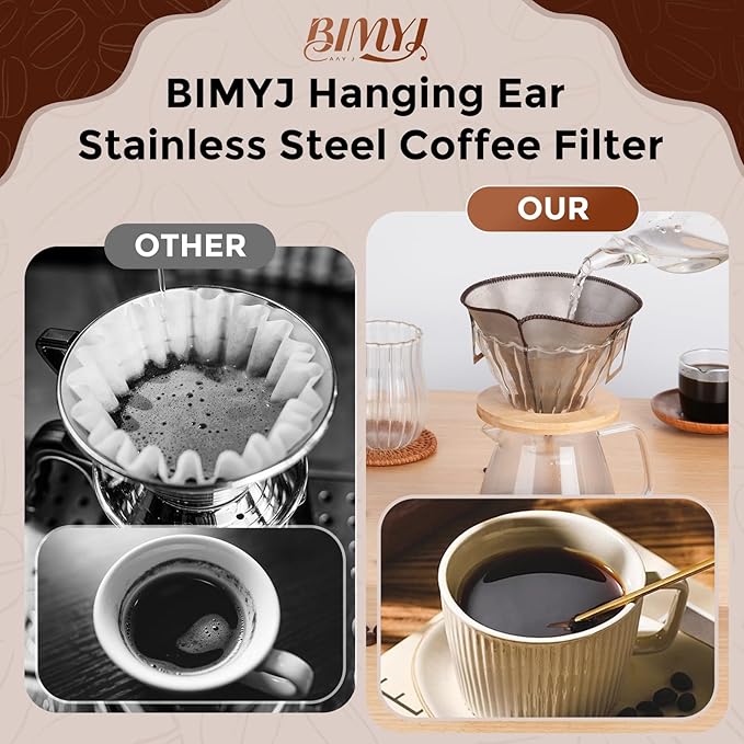 Stainless Steel Pour Over Coffee Filter Reusable - Foldable Metal Coffee Filter with Hanging Ears, Compatible with Chemex & Glass Coffee Drippers (4-6 Cups, Silver)