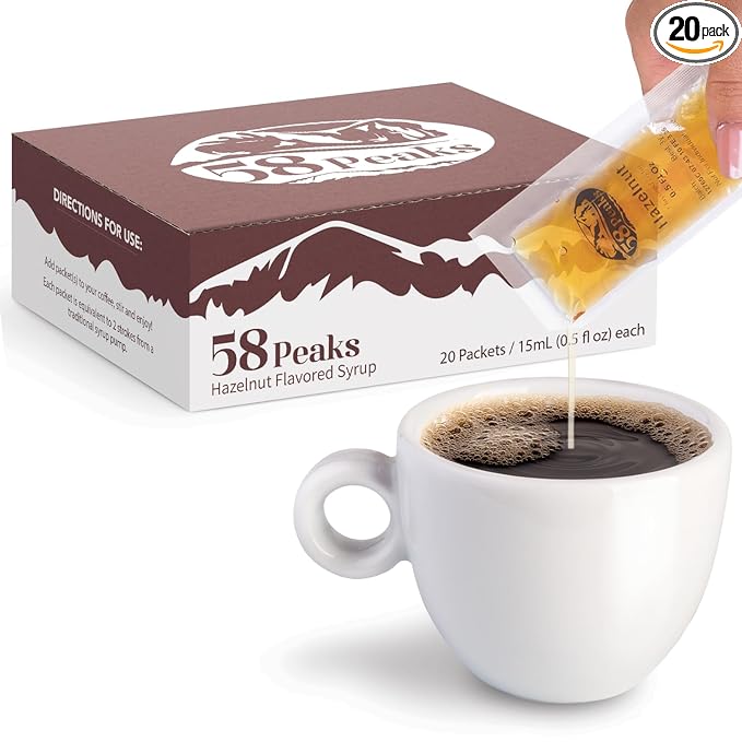 58Peaks Hazelnut Flavored Syrup Sweetener Packets for Hot and Cold Drinks | To-Go Syrup Flavoring Perfect for Coffee, Tea, Milkshake and More | Flavored Coffee Syrups for Travel | 15mL | 20-Pack